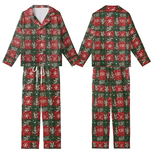 Festive Winter Charm: Seamless Red Green Plaid, Hand-Drawn Snowflakes, Berries & Joyful Text Pattern Kid Satin Pajamas Set