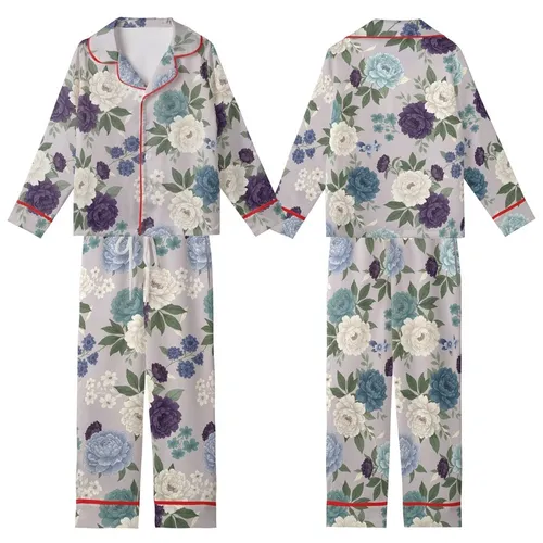 Bridesmaid Women's  Painterly Peony Floral Rayon Cotton Long Sleeve Long Pants Sleepwear Kid Satin Pajamas Set