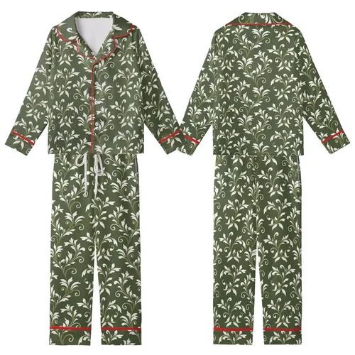 Bridesmaid Wedding Party: Olive Green Botanical Vine White Gold Lined Rayon Sleep Set Kid Satin Pajamas Set