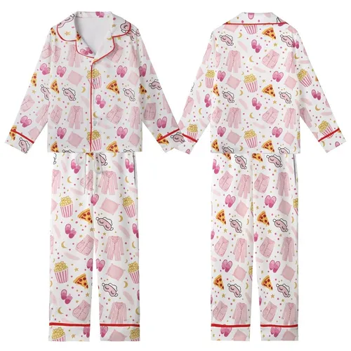 Slumber Party Pajamas: Whimsical Pink Pizza, Popcorn, Sleep Mask & Star Pattern - Cozy Sleepwear Kid Satin Pajamas Set