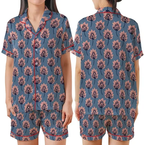 Women's Soft Cotton Pajamas: Dusty Blue Hand Block Print Rose Pink Indigo Floral Motif Satin Short-Sleeve Pajamas Set