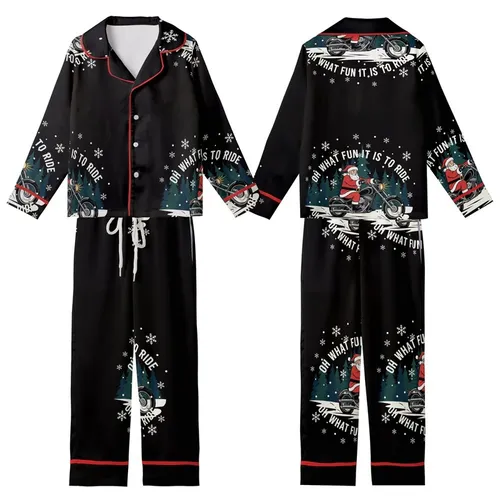 Vintage Santa Chopper Ride: Dynamic Snowy Landscape Flat Graphic All-Over Print Kid Satin Pajamas Set
