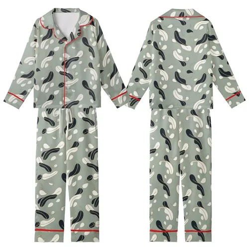 Bridesmaid Muted Sage Abstract Feather Pattern Luxury Loungewear Set with Removable Cuffs Kid Satin Pajamas Set