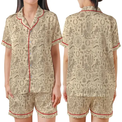 Women's Western Pajama Set: Vintage Galloping Horses & Desert Cactus Art - Poly-Spandex Comfort Satin Short-Sleeve Pajamas Set