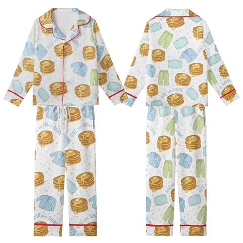 Pancakes & Pajamas Theme: Whimsical Golden Breakfast & Cozy Blue Green Pattern Pajamas Kid Satin Pajamas Set