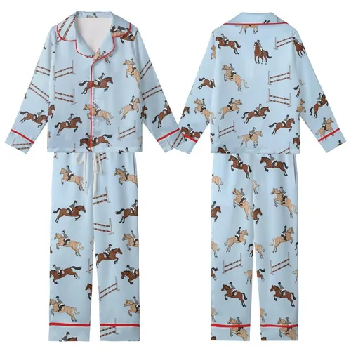 Women's Preppy Horse Pajamas: Colorful Showjumping Equestrian Pattern - Relaxed Fit Sleepwear Pants Kid Satin Pajamas Set