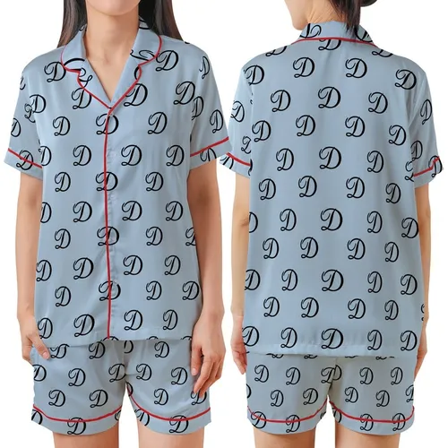 Women's Light Blue Rayon Sleep Tunic - Bridesmaid Elegant Black Script 'D' Pattern Satin Short-Sleeve Pajamas Set
