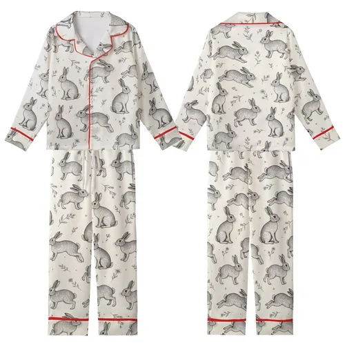 Rabbit Lover's Black & Grey Etched Bunny & Botanical Print Relaxed Comfort Sleep Set Kid Satin Pajamas Set