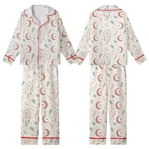 Bohemian Dreamer's: Dusty Rose Moon & Ethereal Dreamcatcher Art Pattern Kid Satin Pajamas Set