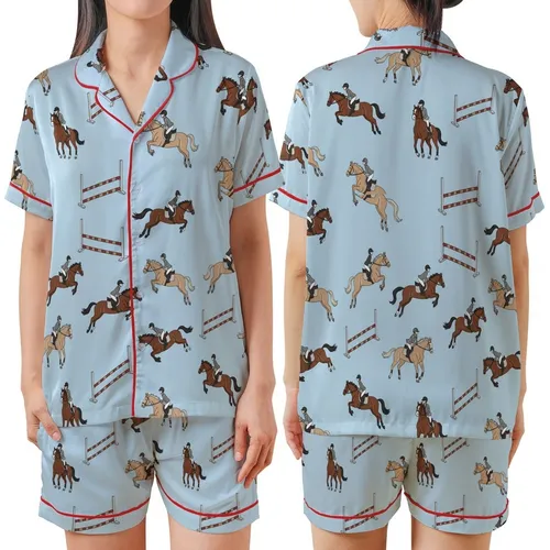Women's Preppy Horse Pajamas: Colorful Showjumping Equestrian Pattern - Relaxed Fit Sleepwear Pants Satin Short-Sleeve Pajamas Set