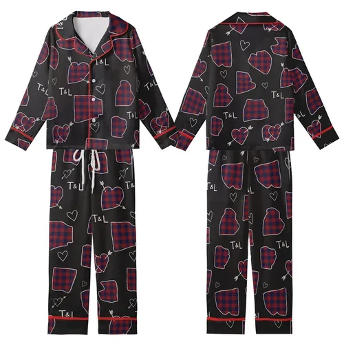 Romantic Aesthetic Black Plaid: Sketched Hearts, Arrows, T&L Initials All-Over Motif Kid Satin Pajamas Set