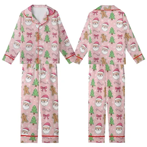 Coquette Christmas: Pastel Pink Santa, Gingerbread & Bow Cartoon Satin Pajamas Kid Satin Pajamas Set