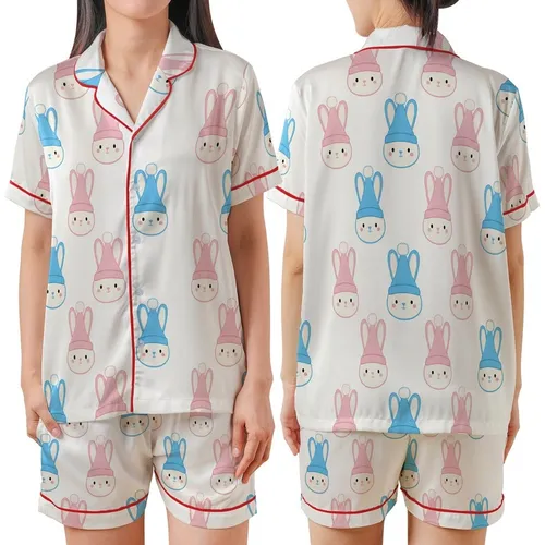 Adorable Chenille Bunny Pattern: Sky Blue & Pink Stylized Rabbit Seamless Print Satin Short-Sleeve Pajamas Set