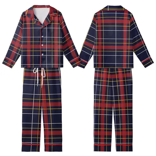 Classic Tartan Plaid: Deep Navy Crimson Red Gold Geometric Pattern - Heritage Style Motif Kid Satin Pajamas Set
