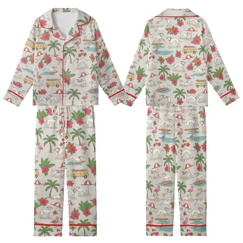 Dog Lover's Whimsical Tropical Party Art: Retro Greyhounds & Flamingos - Muted Greige Design Kid Satin Pajamas Set