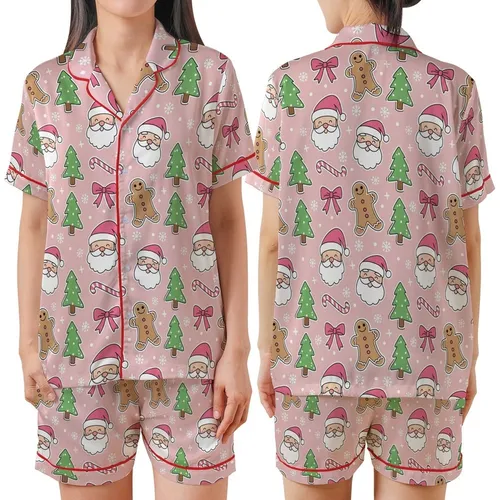 Coquette Christmas: Pastel Pink Santa, Gingerbread & Bow Cartoon Satin Pajamas Satin Short-Sleeve Pajamas Set