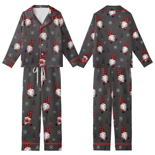 Whimsical Gnome Fan: Buffalo Plaid Gnomes, Snowflakes & Evergreen Dark Charcoal Allover Print Kid Satin Pajamas Set