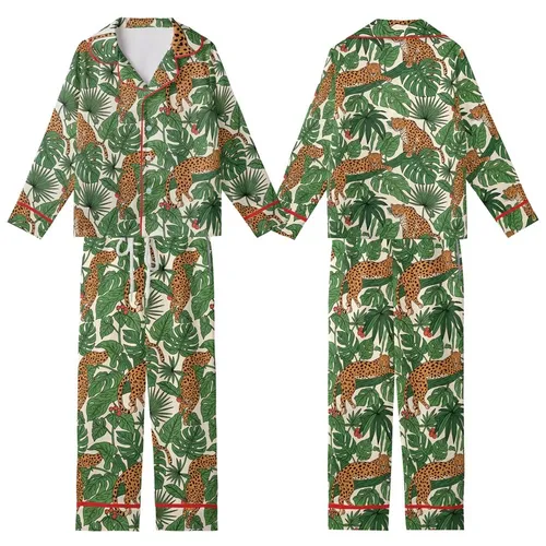 Safari Aesthetic: Hand-Drawn Lounging Leopards Tropical Jungle Repeat Pattern Kid Satin Pajamas Set