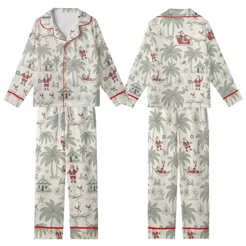 Vintage Tropical Christmas Design Pattern: Santa Flamingo Reindeer Beach Palm Toile Engraving Kid Satin Pajamas Set