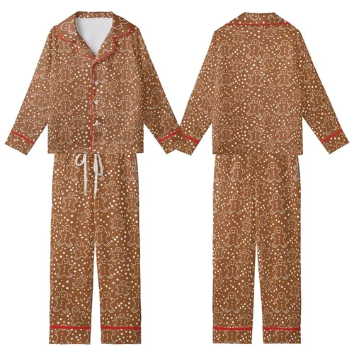 Cheerful Gingerbread Pattern Print: Whimsical Cookie Figures & White Dots Design Kid Satin Pajamas Set
