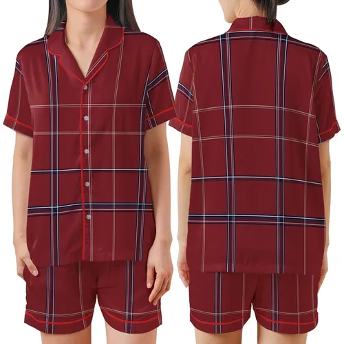 Women's Deep Crimson Tartan Plaid Flannel Sleepwear Set: Navy & White Pattern Satin Short-Sleeve Pajamas Set