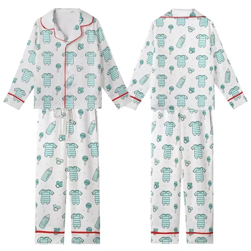 New Parent Pajamas: Vibrant Turquoise Baby Sleepsuit & Bottle Pattern - Cozy Sleep Set Kid Satin Pajamas Set