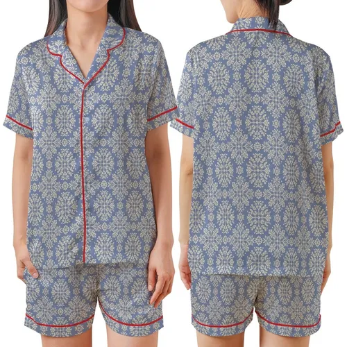 Women's Hand-Printed Periwinkle Botanical Block Print Organic Cotton Sleep Set Satin Short-Sleeve Pajamas Set