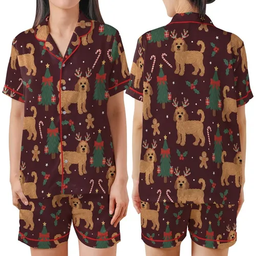 Golden Doodle Christmas Design: Whimsical Reindeer Dogs, Trees & Candy Cane Pattern Satin Short-Sleeve Pajamas Set
