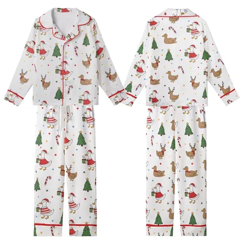 Funny Goose & Duck Christmas Pajamas: Whimsical Holiday Reindeer & Tree Print Sleep Set Kid Satin Pajamas Set