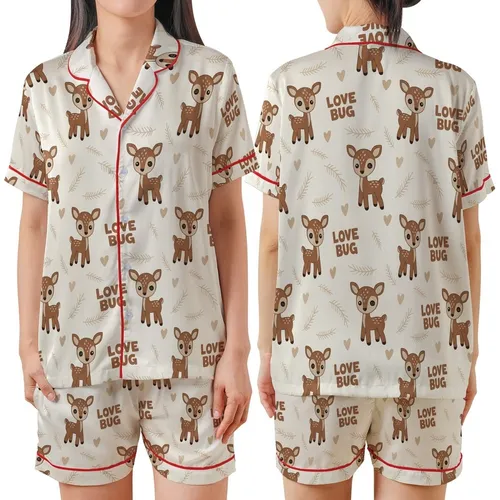 Gentle Loungewear: Cream Crocheted-Look Baby Deer & Love Bug Print Pajama Set Satin Short-Sleeve Pajamas Set