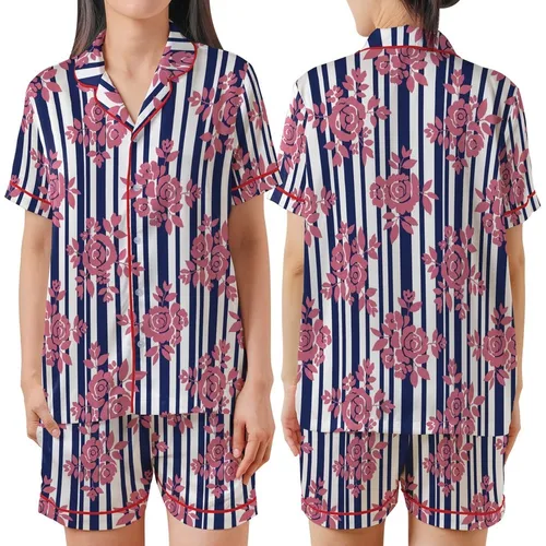 Women's Hand Block Printed Cotton Pajama Set: Navy Stripe & Pink Floral Motif Satin Short-Sleeve Pajamas Set
