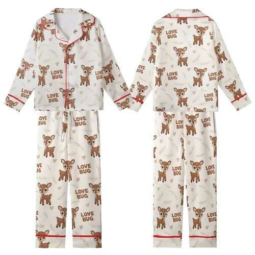 Gentle Loungewear: Cream Crocheted-Look Baby Deer & Love Bug Print Pajama Set Kid Satin Pajamas Set