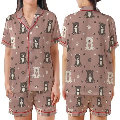 Cozy Bear Lover: Dusty Rose Taupe Whimsical Cartoon Bear Paw Print Comfort Wear Satin Short-Sleeve Pajamas Set