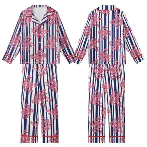 Women's Hand Block Printed Cotton Pajama Set: Navy Stripe & Pink Floral Motif Kid Satin Pajamas Set