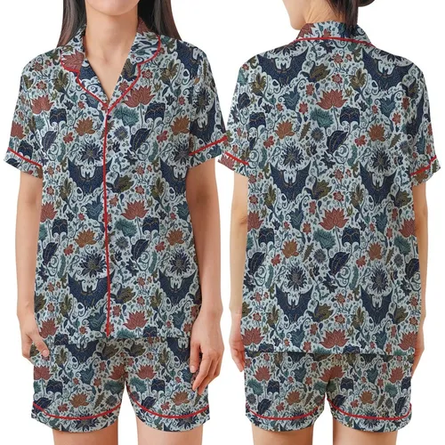 Seamless Batik Artwork: Stylized Bat Lotus Vine Repeat Pattern - Muted Indigo Design Satin Short-Sleeve Pajamas Set
