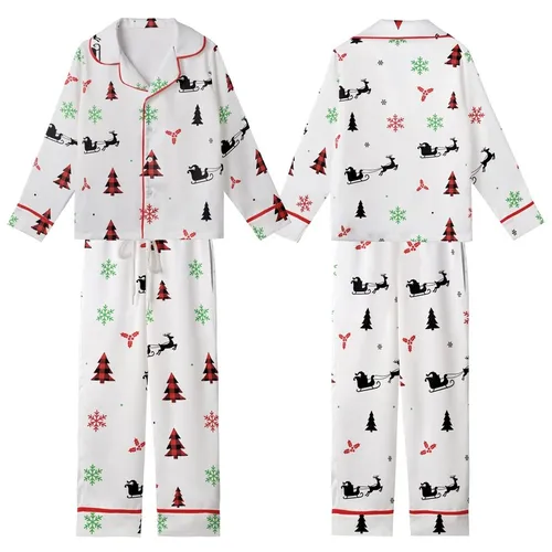 Holiday Decor: Rustic Reindeer Sleigh Seamless Pattern with Buffalo Plaid & Holly Kid Satin Pajamas Set