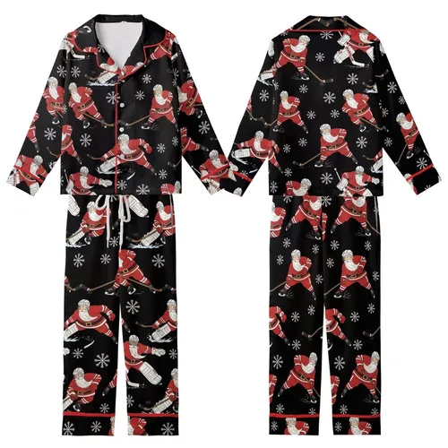 Santa Hockey Game: Dynamic Christmas Skaters & Snowflakes All-Over Pattern – Holiday Graphic Kid Satin Pajamas Set