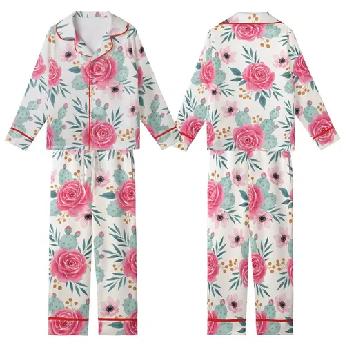Women's Bridesmaid Rayon Pajamas: Watercolor Fuchsia Rose & Teal Cactus Floral Kid Satin Pajamas Set