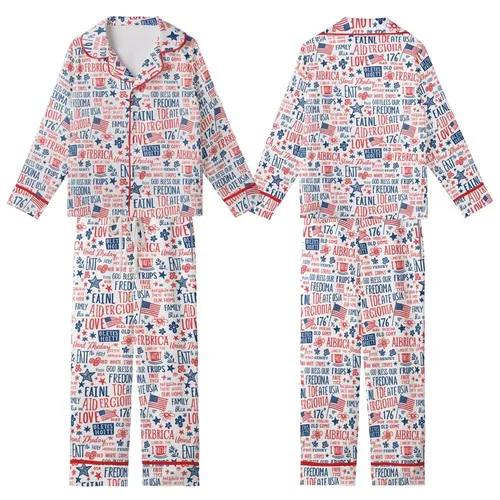 Women's Red White Blue Vintage Americana Liberty Collage Polyester Spandex Sleepwear Kid Satin Pajamas Set