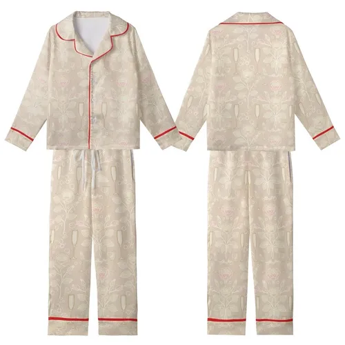 Celebration Ready Champagne Beige Rosebud Flute Pattern - Delicate Gold Blush Botanical Print Kid Satin Pajamas Set