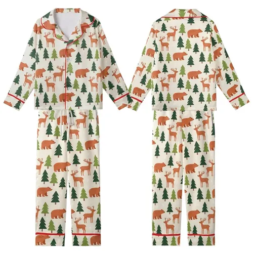 Cozy Woodland Animals: Illustrative Bear Deer Terracotta Green Pine Pattern Kid Satin Pajamas Set