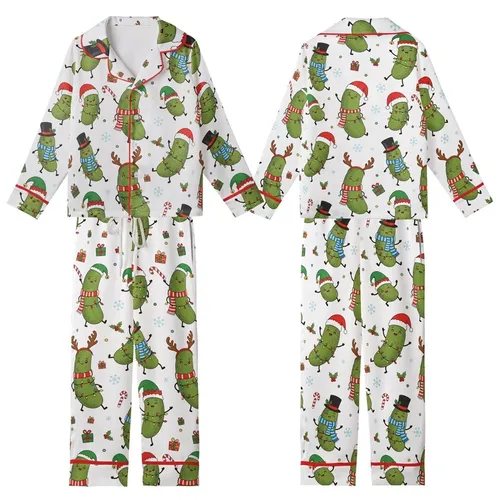 Whimsical Christmas Pickle Party: Festive Characters with Santa Hats, Antlers, & String Lights Print Kid Satin Pajamas Set
