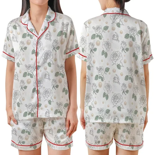 Bridal Slip | Pearl Rose Botanical Feather Motif Sleepwear Satin Short-Sleeve Pajamas Set
