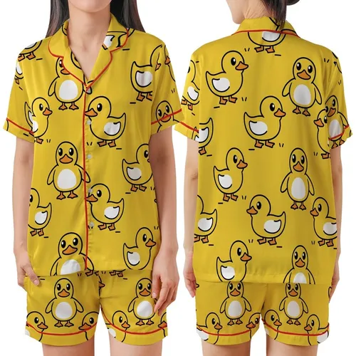 Playful Yellow Duck Pattern: Seamless Swimming Cartoon Ducks Flat Art Print Satin Short-Sleeve Pajamas Set