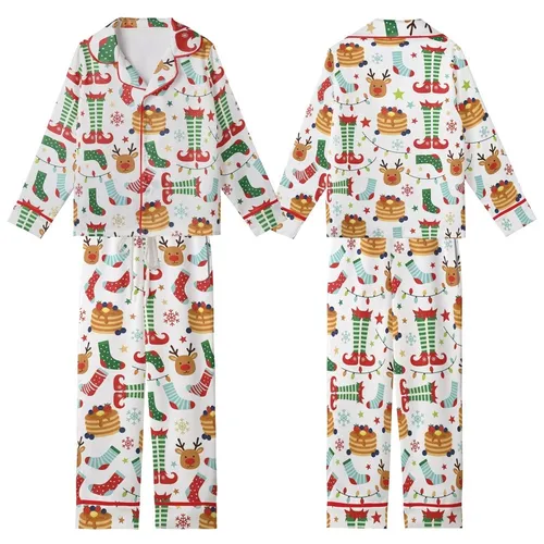 Kids' Whimsical Birthday Pajamas: Pancakes, Elf, Reindeer, Snowflake Sleep Set Kid Satin Pajamas Set