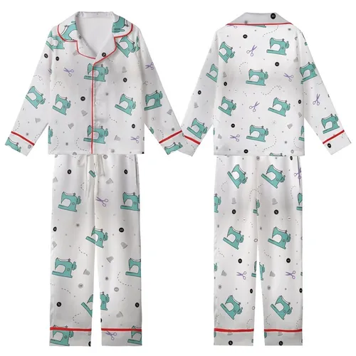 Sewing Enthusiast's Dream: Teal Machine, Thimble & Scissors Seamless Illustrative Design Kid Satin Pajamas Set