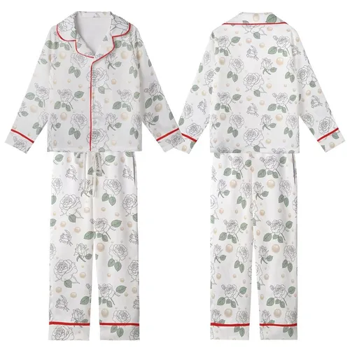 Bridal Slip | Pearl Rose Botanical Feather Motif Sleepwear Kid Satin Pajamas Set