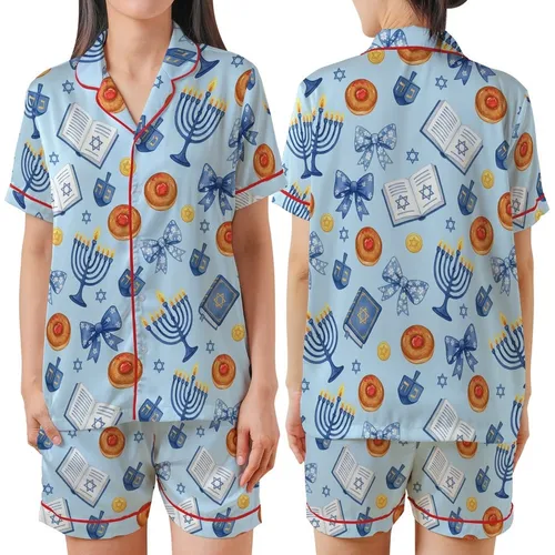 Festive Hanukkah Blue & Gold Menorah Dreidel Sufganiyot Watercolor Design Satin Short-Sleeve Pajamas Set