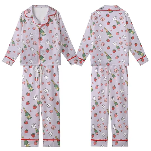 Women's & Family Whimsical Champagne, Macaron, Strawberry, Gift & Balloon Pajamas Set Kid Satin Pajamas Set