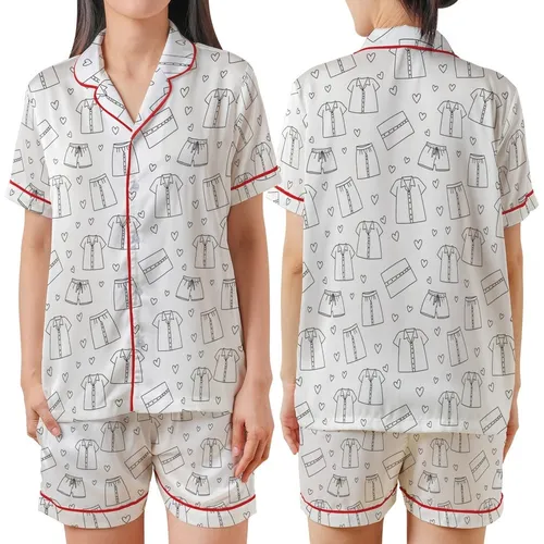 Cozy Loungewear Pajamas: Minimalist Black White Pajama & Heart Pattern Satin Short-Sleeve Pajamas Set